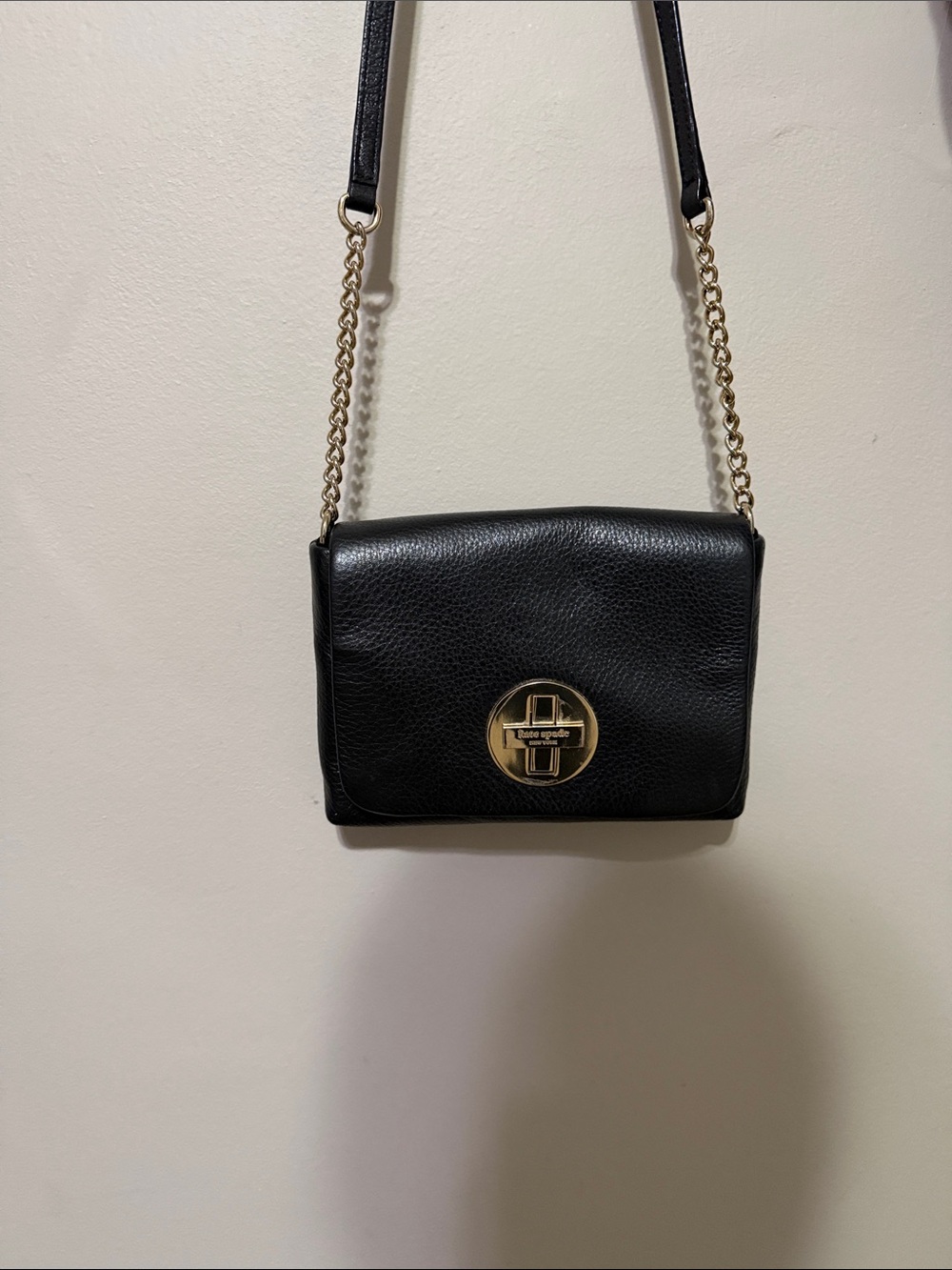 Kate Spade Black Leather Crossbody with Gold Chain and Turn-Lock